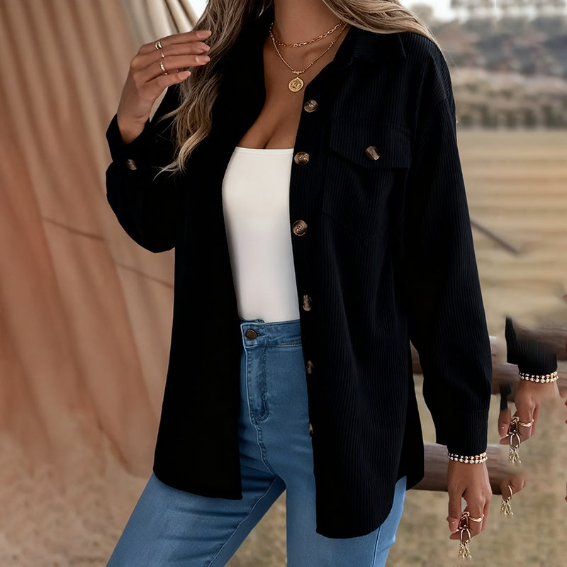 Women's Corduroy Shirt Jacket, Lapel Long Sleeve Button-Down Coat For Casual And Office Wear