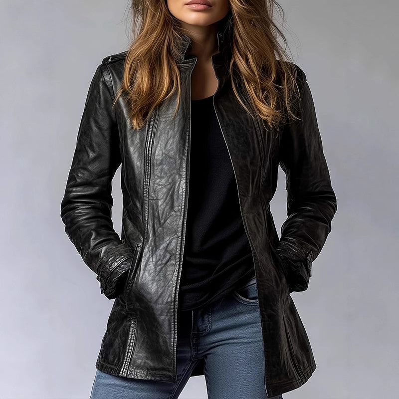 Vintage Style Women's Long Sleeve PU Jacket, Mid-Length Open Cardigan With Pockets, Casual Leather Coat