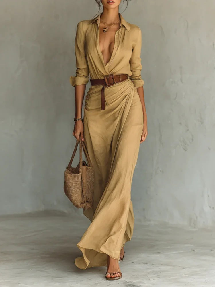 Irregular Long Dress With Belt Fashion And Elegant Button Lapel Long-sleeved Shirt Dresses Daily Office Commuting Clothing For Women