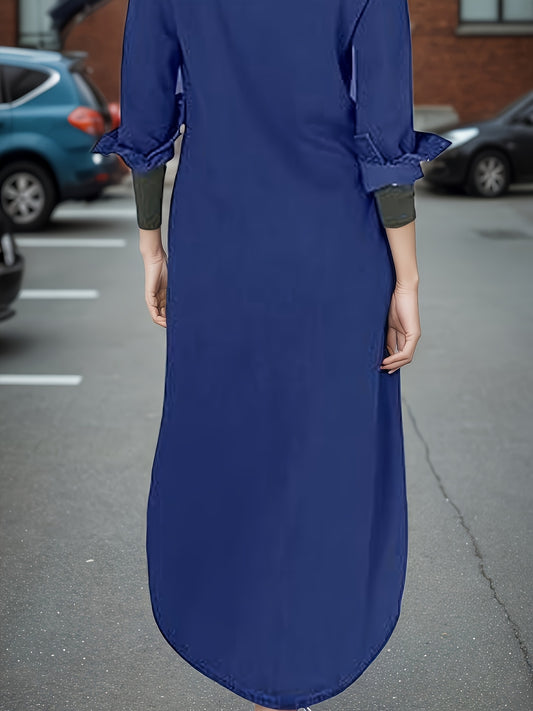 Ladies' Long Shirt Dress With Buttons, Casual Style, Pure Cotton Dress, With Slits In Front And Back For Easy Movement, Machine Washable