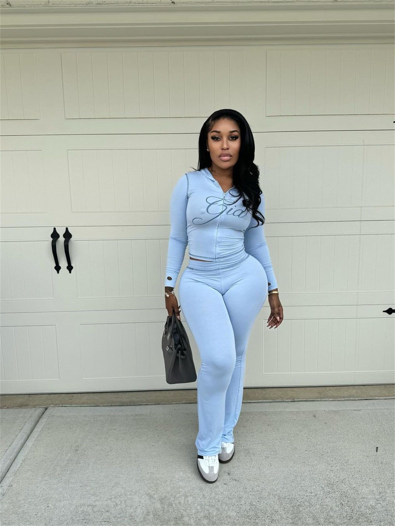Solid Color Short Hood Top And Trousers