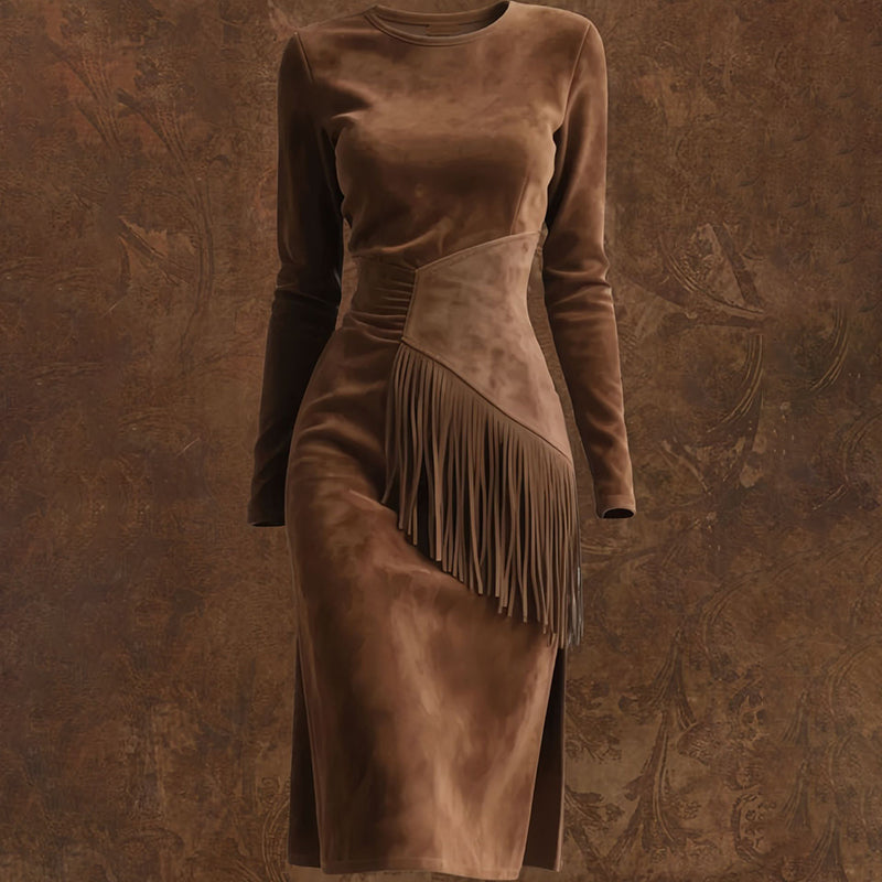Women's Vintage Western Suede-Look Maxi Dress Boho Fringe & Waist Ruffle Detail Bodycon Gown