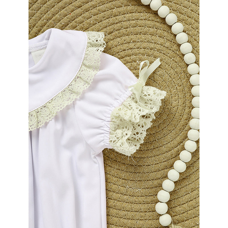 Baby Girl White Lace Romper Soft & Stylish Short Sleeve Bubble Jumpsuit For Wedding Season & Summer