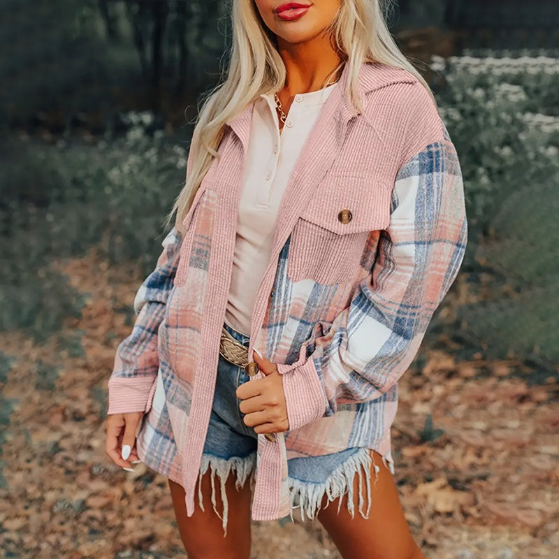 Women's Notch Lapel Check Print Long Sleeve Shirt - Button Front Pocket Detail Casual Blouse