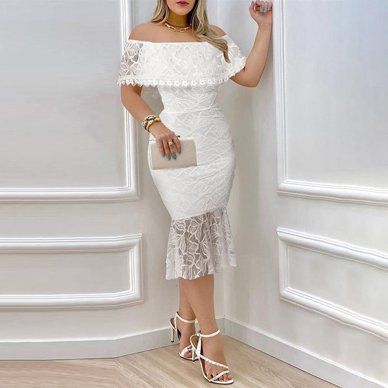 Women's Elegant Off-Shoulder Lace Bodycon Dress With Lace Panels For Casual & Formal Occasions