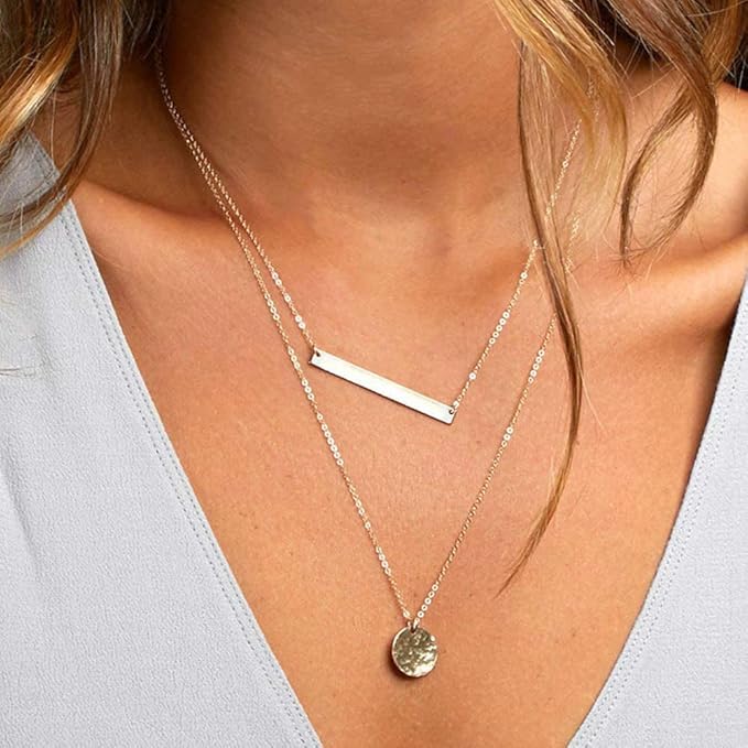 Dainty Layered Choker Necklace, 14K Gold Plated Y Pendant, Multilayer Bar Disc Necklace, Adjustable Layering Choker Necklaces For Women