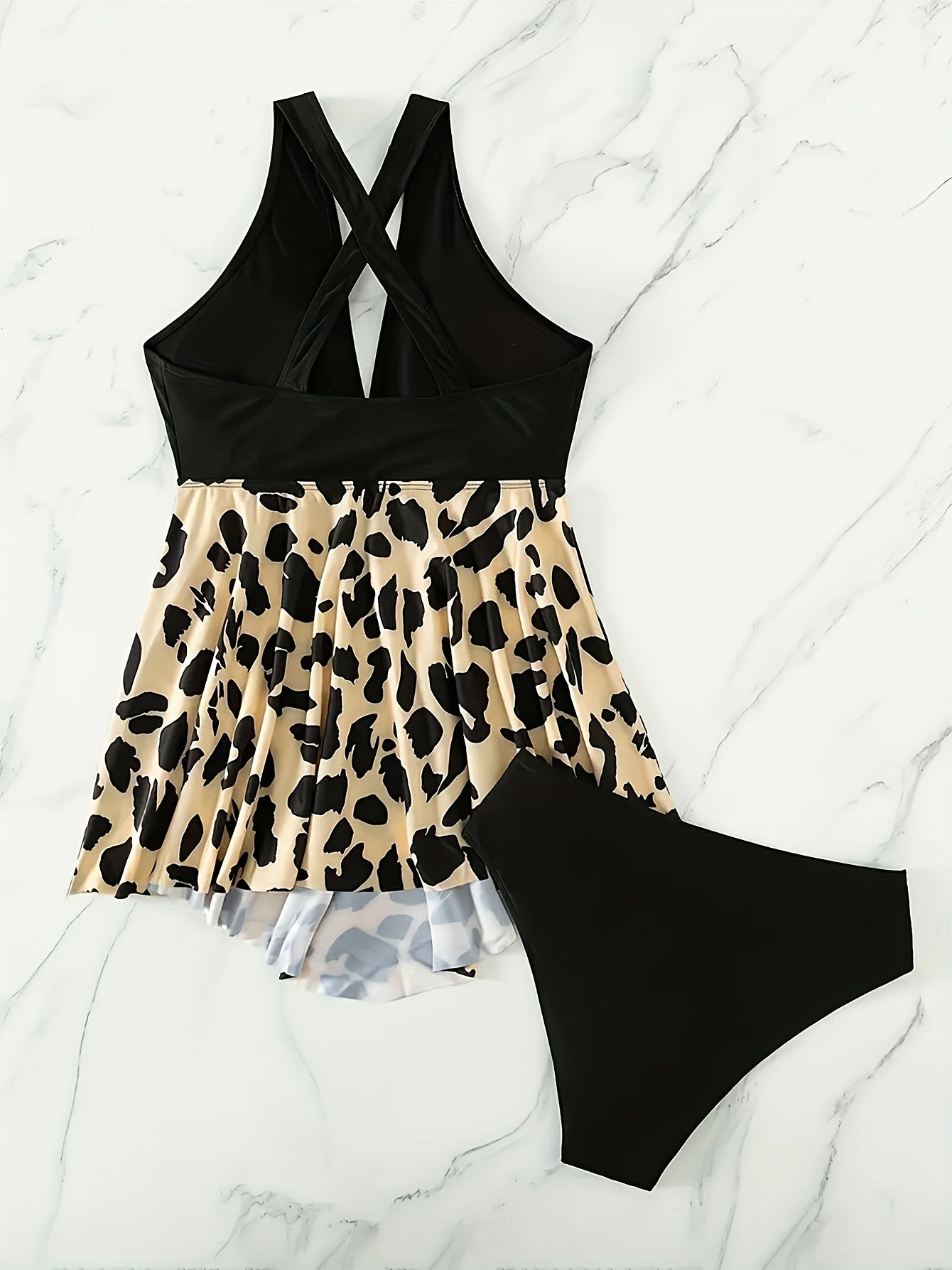 Women's Fashion Tankini Set, Sexy Backless Cross Leopard Print Swimsuit, Vacation Style