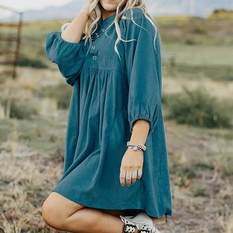 Women's Corduroy Empire Waist Dress, Button Up 3 4 Sleeve Mini Dress For Fall Winter