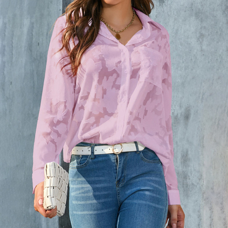 Womens Casual Sheer Button Down Shirts Long Sleeve V Neck Jacquard Blouses Tops