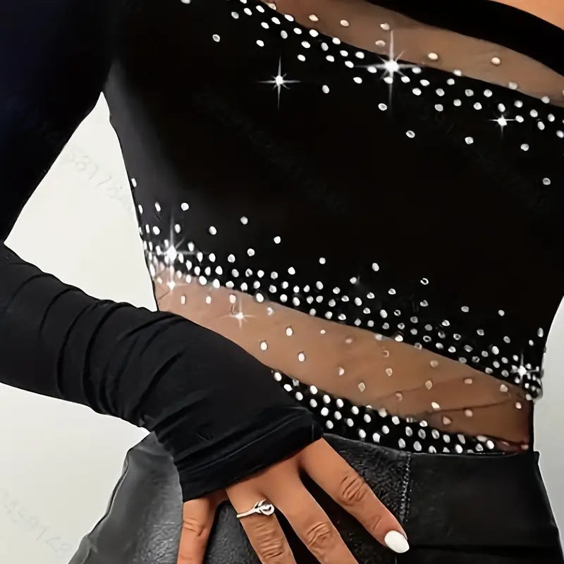Women's Sheer Mesh Top, One Shoulder Long Sleeve Sexy Slim Fit Clubwear