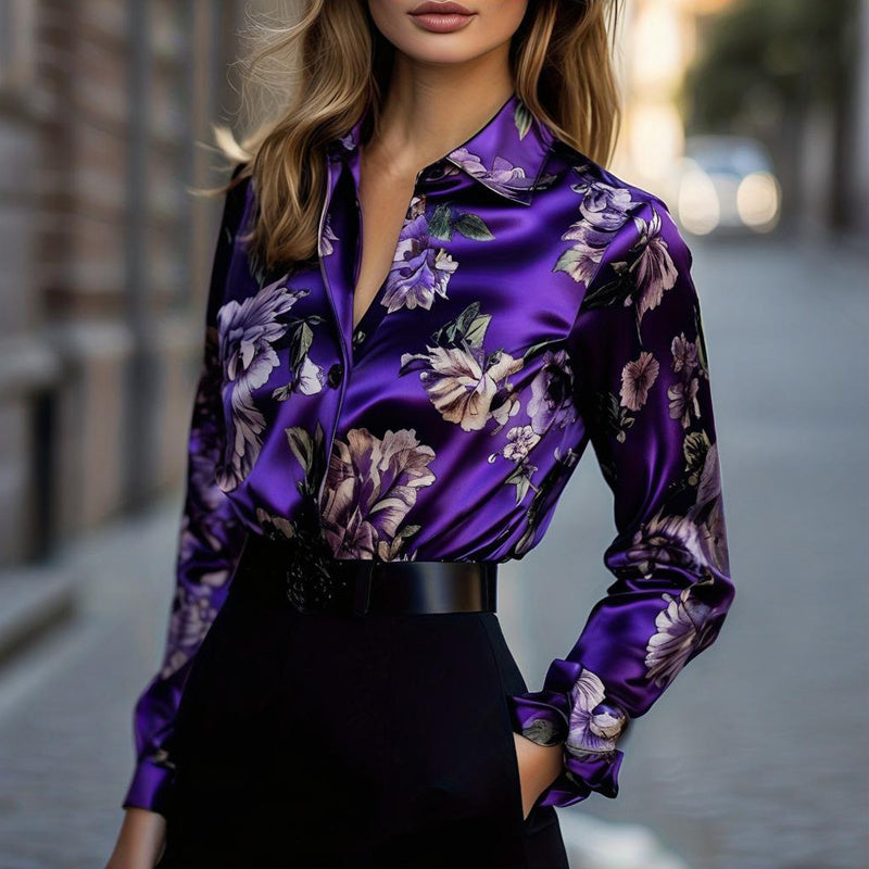 Women's Elegant Satin Lapel Long Sleeve Full Button Shirt Spring Autumn Fashion Tapered Waist Design With Sheen