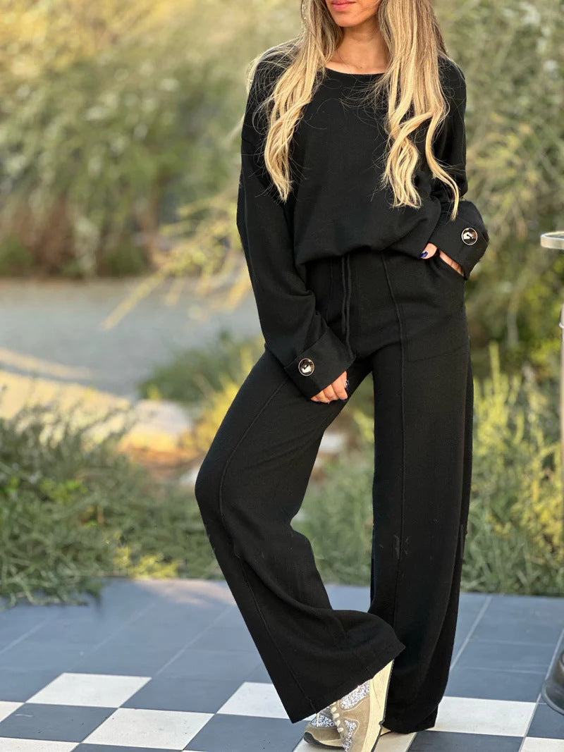 European And American Fashion Casual Set Solid Color Long-sleeve Suit Wide Leg Pants