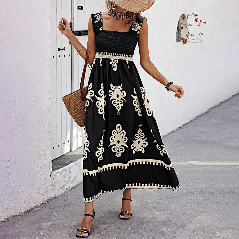 Women's Wide Strap Printed Maxi Dress With Bust Pleats, A-Line Vacation Dress