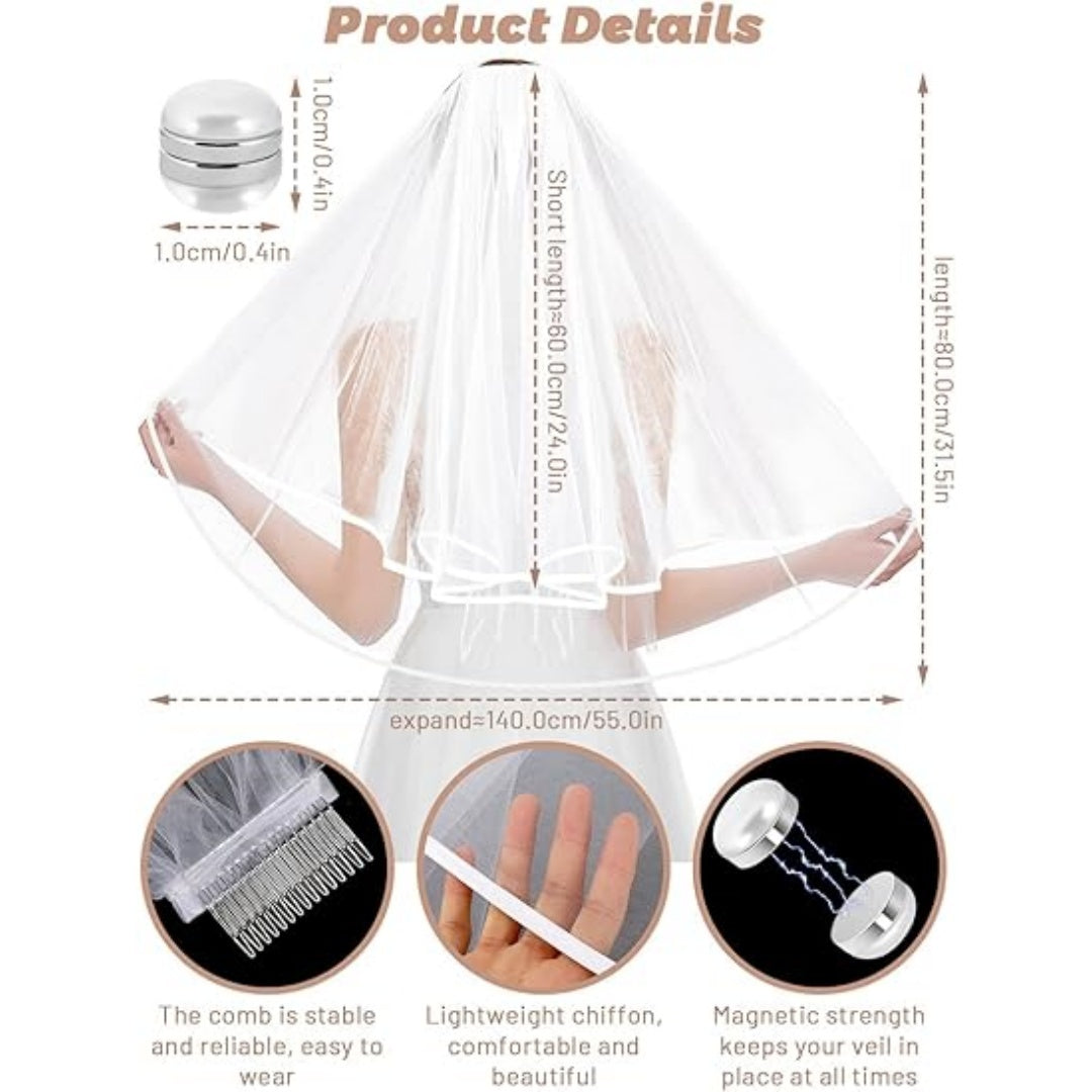Bridal Veil Wedding Veil Weights Short 2 Tier Veil And 12 Pairs Veil Weights Magnetic Double Sided Artificial Pearls Silver Button For Bachelorette Party Bridal Shower Veil First Communion-Clearance