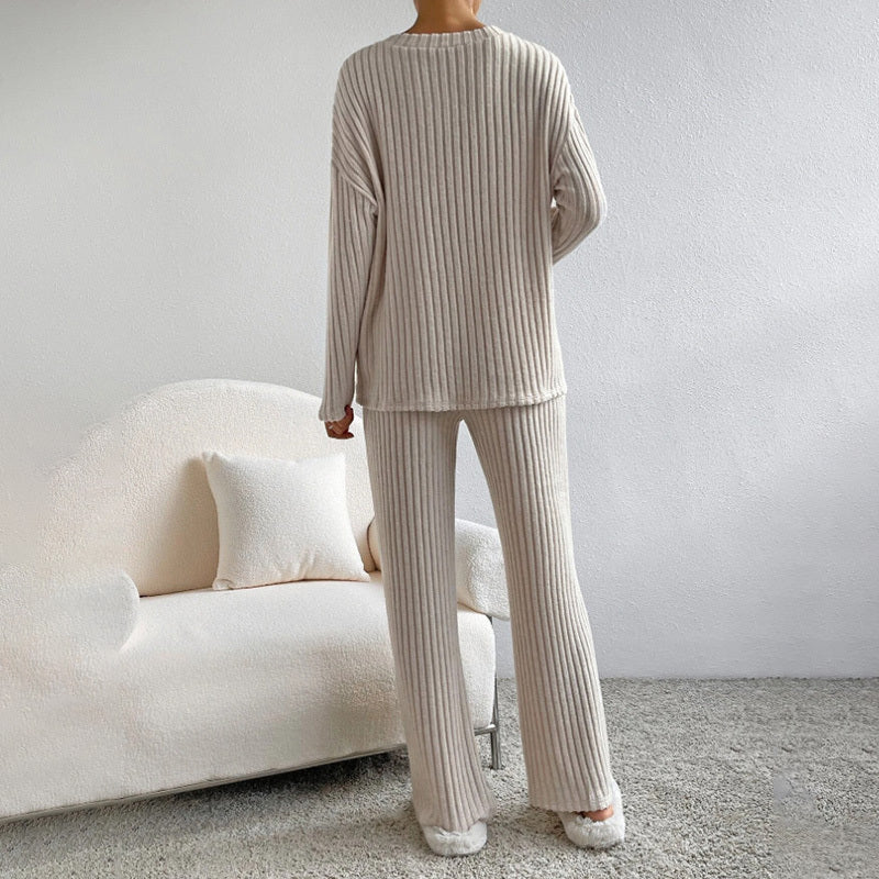 Women's 2-Piece Set Solid Color V-Neck Long Sleeve Top & Straight Leg Pants, Ribbed Texture Outfit For Fall&Winter