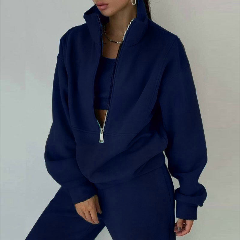 Women's 2-Piece Zip Neck Long Sleeve Sweatshirt & Slim Fit Pants Set - Sporty Streetwear Outfit For Fall&Winter