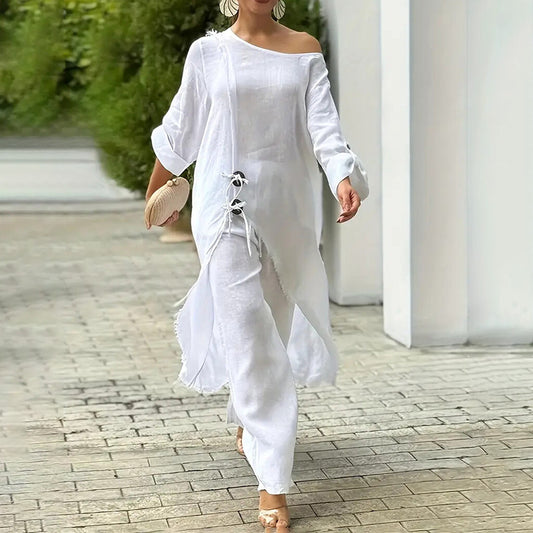 Women's Solid Color Wood Button Asymmetrical Set - Off-Shoulder Relaxed Loungewear Outfits For Spring&Summer