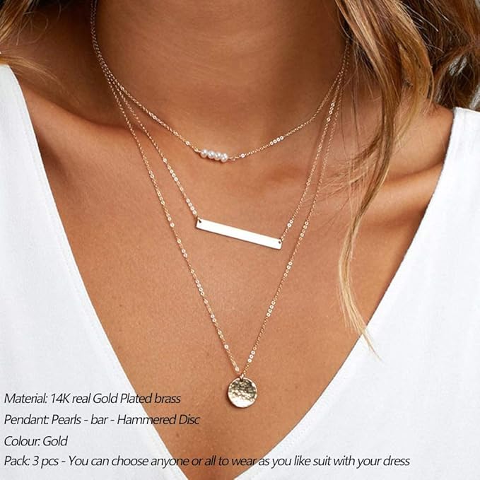 Dainty Layered Choker Necklace, 14K Gold Plated Y Pendant, Multilayer Bar Disc Necklace, Adjustable Layering Choker Necklaces For Women