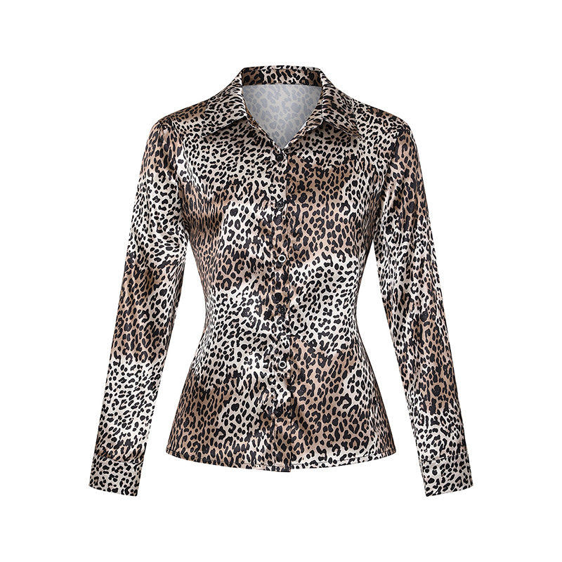Women's Elegant Satin Lapel Long Sleeve Full Button Shirt Spring Autumn Fashion Tapered Waist Design With Sheen