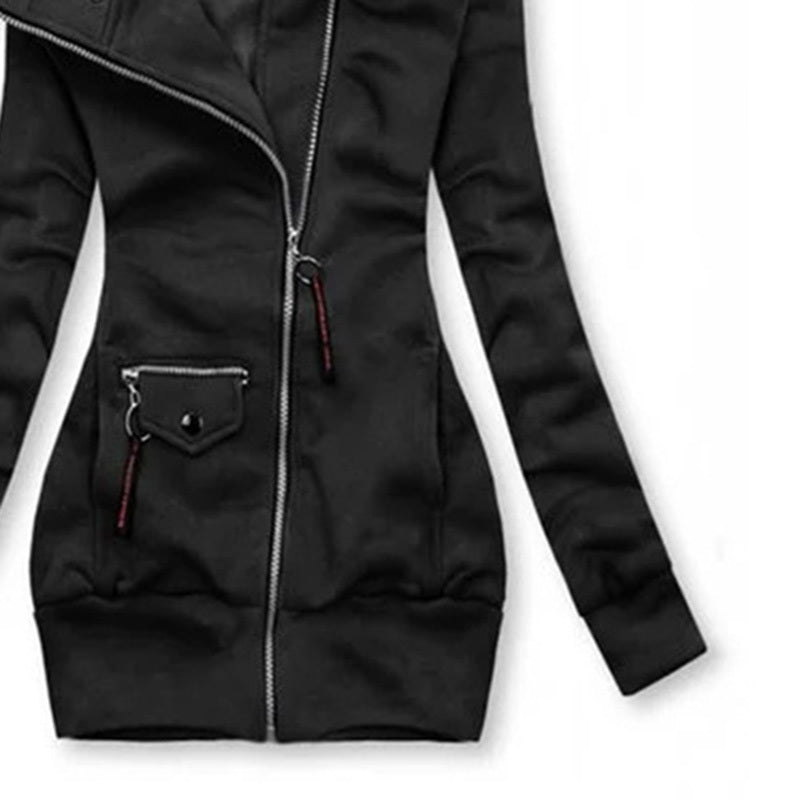 Women's Solid Color Long Sleeve Zip-Front Drawstring Hooded Jacket With Pockets Slim Fit Pleated Detail Top For Spring&Fall