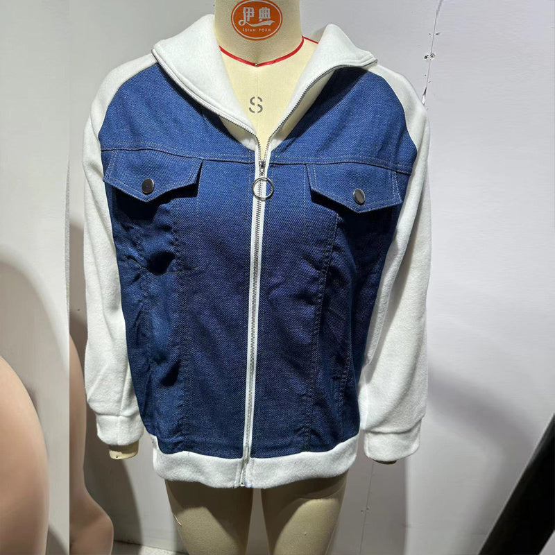 Women's Denim Patchwork Zip-Up Jacket Stand Collar Casual Coat With Button-Decorated Flap Pockets Fall Winter Fashion Outerwear