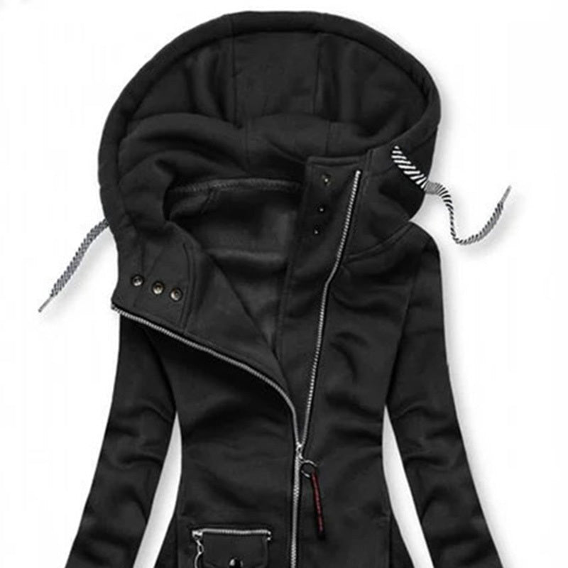 Women's Solid Color Long Sleeve Zip-Front Drawstring Hooded Jacket With Pockets Slim Fit Pleated Detail Top For Spring&Fall