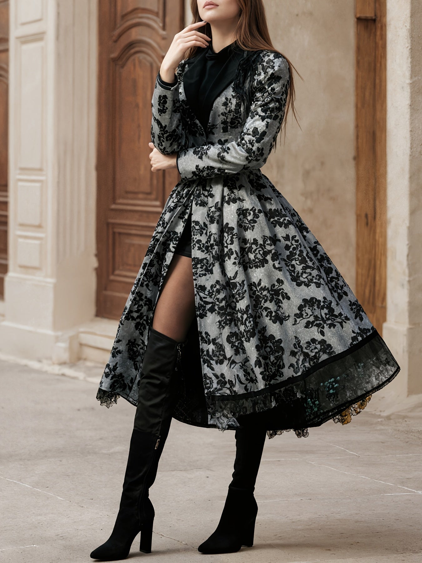 2025 New Women's Evening Dress, Lace Decoration, Collar, Flower Print Press, Long Sleeve, Dance Dress