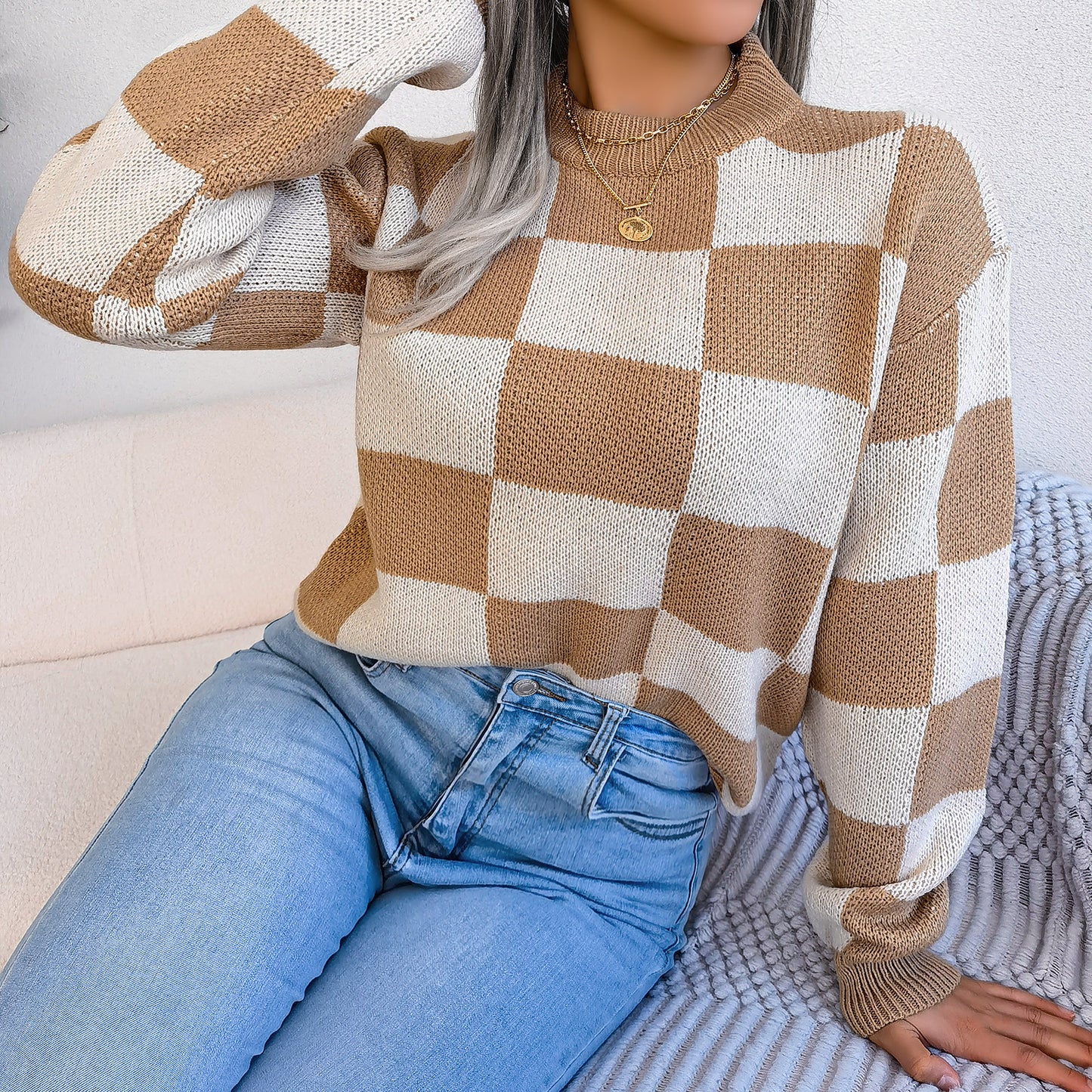 Women's Checkered Crewneck Sweater - 2025 Spring Fall Fashion Loose Pullover Top