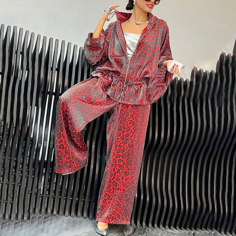 Women's Casual 2-Piece Set, Drawstring Leopard Print Zip-Up Top & Wide Leg Pants For Spring Fall