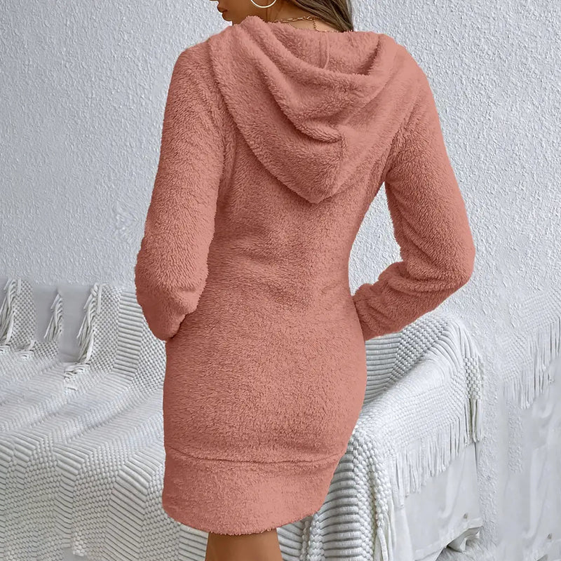 Women's Fuzzy Hoodie Dress - Slim Fit Long Sleeve Sweatshirt With Pocket, Cozy Casual Outfit