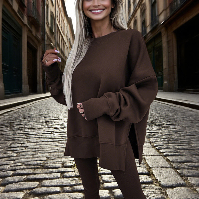Women's Solid Color 2-Piece Set Casual Tracksuit, Long Sleeve Crewneck Sweatshirt With Side Slits & Slim Fit Jogger Pants