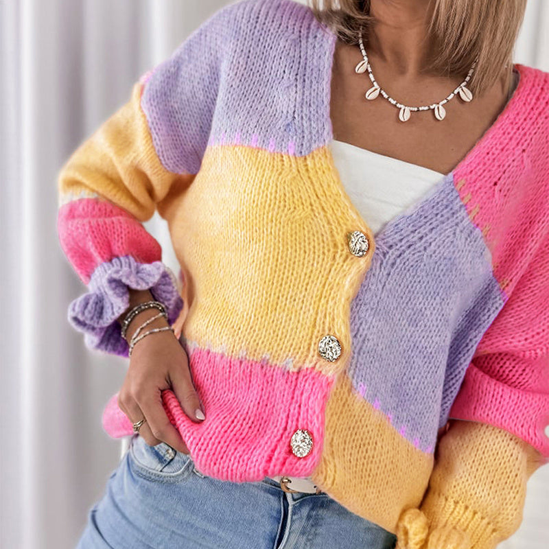Women's Color Block V Neck Button Front Knit Cardigan Sweater Outerwear