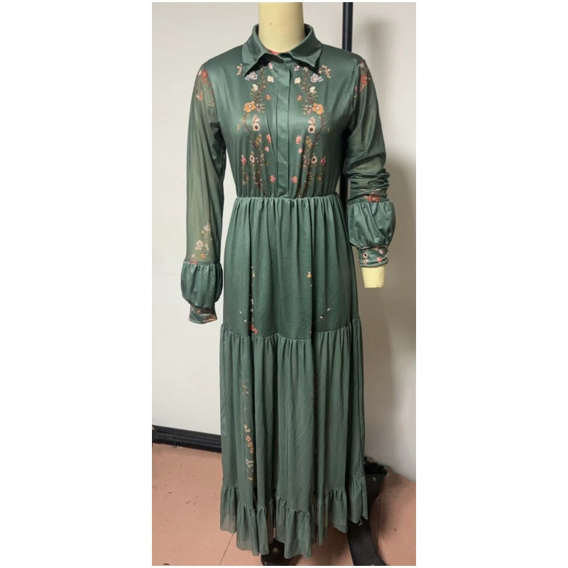 Fashion Fall Maxi Dress For Women Bohemian Retro Floral Print Sheer Sleeve Long Flowy Shirt Dress, Belt Not Included