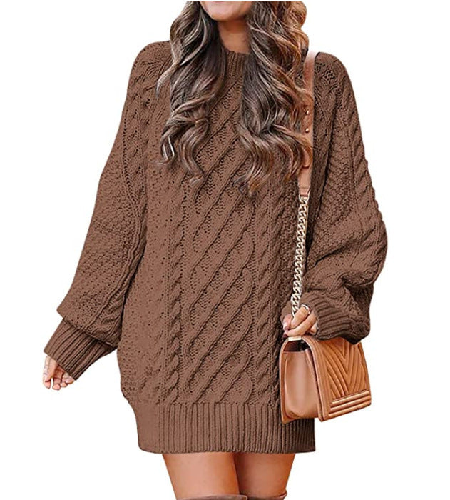 Women's Round Neck Long Sleeve Twisted Knitted Mid-length Dress Sweater