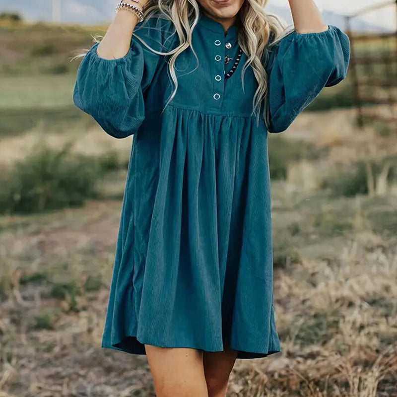 Women's Corduroy Empire Waist Dress, Button Up 3 4 Sleeve Mini Dress For Fall Winter