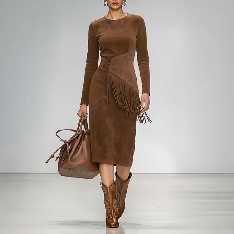 Women's Vintage Western Suede-Look Maxi Dress Boho Fringe & Waist Ruffle Detail Bodycon Gown