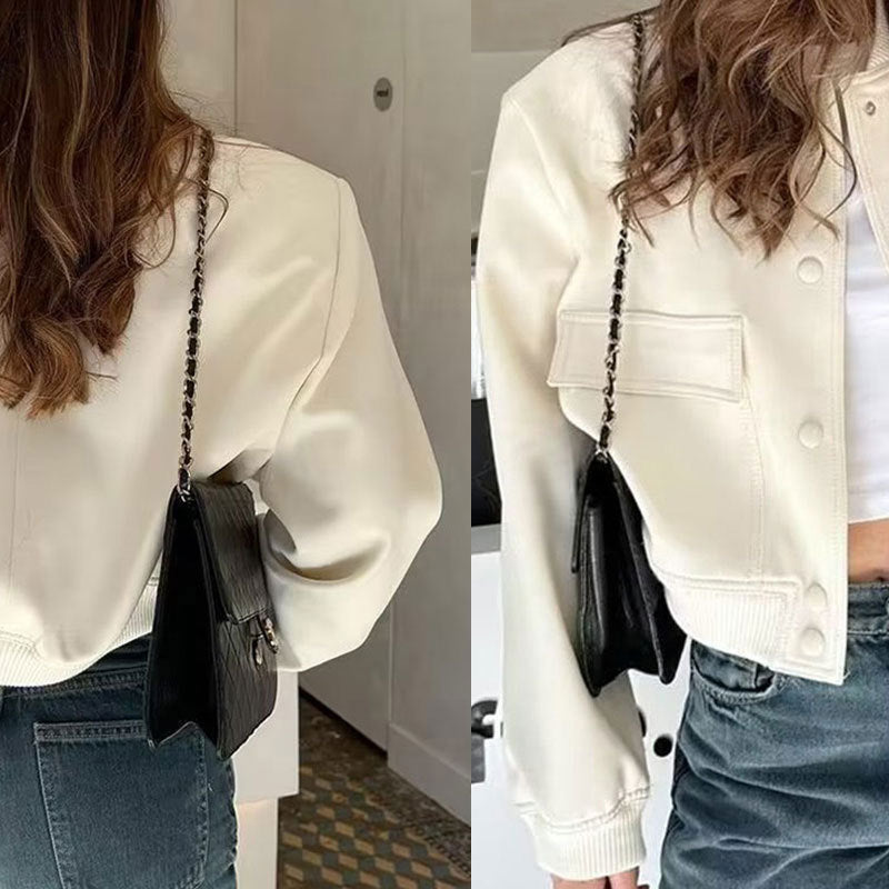 Women's Solid Color Long Sleeve Baseball Jacket With Button Front & Pockets - Casual Short Jacket For Spring&Fall