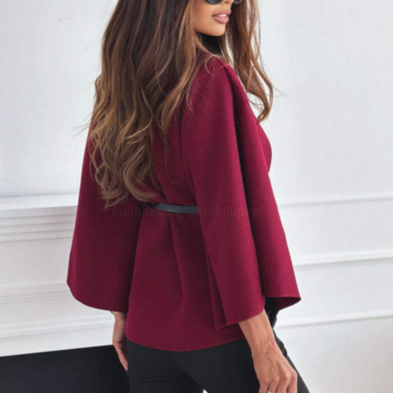 Women's Batwing Sleeve Cape Coat - Trendy Belted Stand Collar Cloak For Casual Outfits