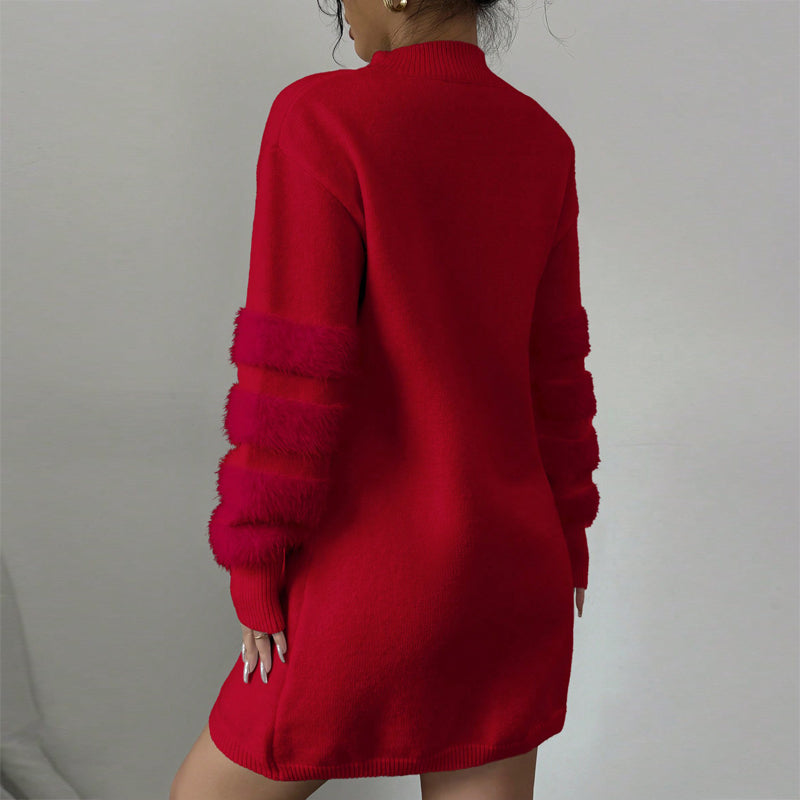 Women's Plush Long Sleeve Mini Dress, Solid Color A-Line Fitted Dress With Faux Fur Trim For Winter Parties