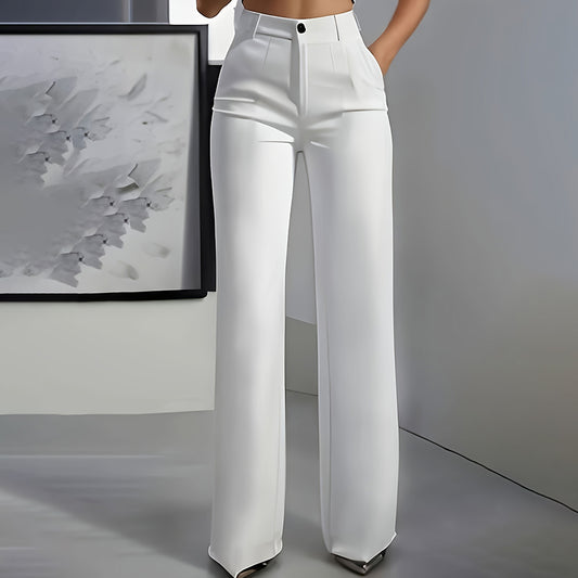 Women's Solid Color High-Waisted Wide Leg Pants, Relaxed Fit Straight Leg Trousers With Zip-Fly For Daily Wear