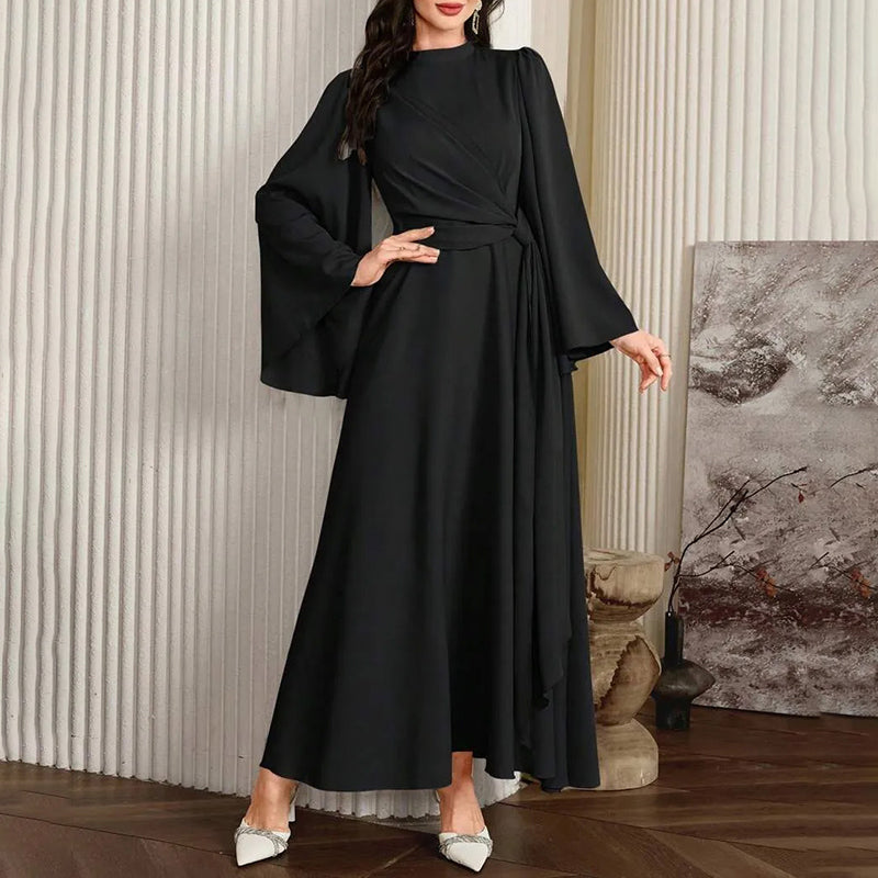 Women's Middle Eastern Flare Sleeve Maxi Dress, High Neck Twist Waist A-Line Gown