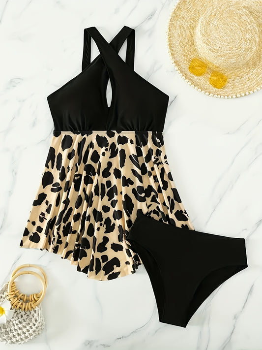 Women's Fashion Tankini Set, Sexy Backless Cross Leopard Print Swimsuit, Vacation Style