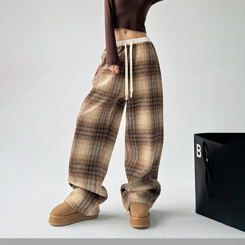 Women's High-Waisted Plaid Wide Leg Pants, Check Pattern Trousers With Drawstring Waist And Pockets