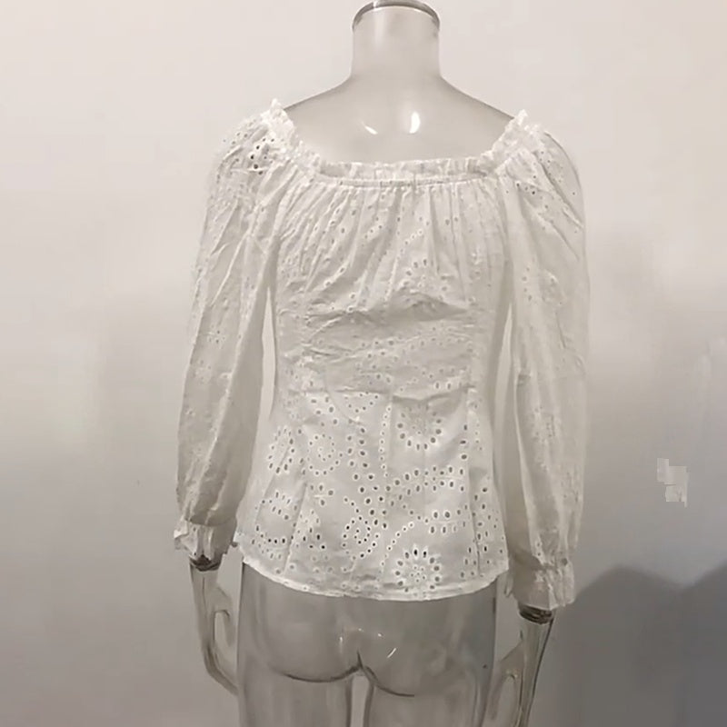 Women's Square Neck Puff Sleeve Eyelet Lace Hollow Out Button Top Blouse