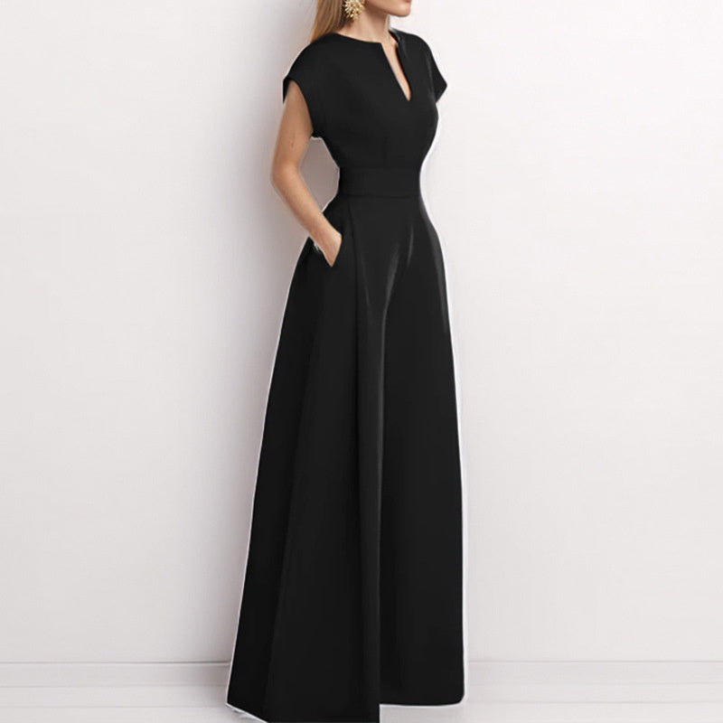 Women's V-Neck Solid Color Short Sleeve Jumpsuit Wide Leg A-Line Waist Tied Casual Summer Outfit