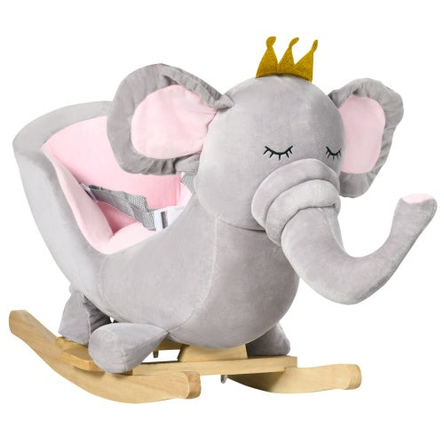 Qaba Baby Rocking Horse Elephant Rocking Chair Toddler Rocker Toy With Sound Wooden Base Seat Safety Belt For 1.5-3 Year Old, Gray