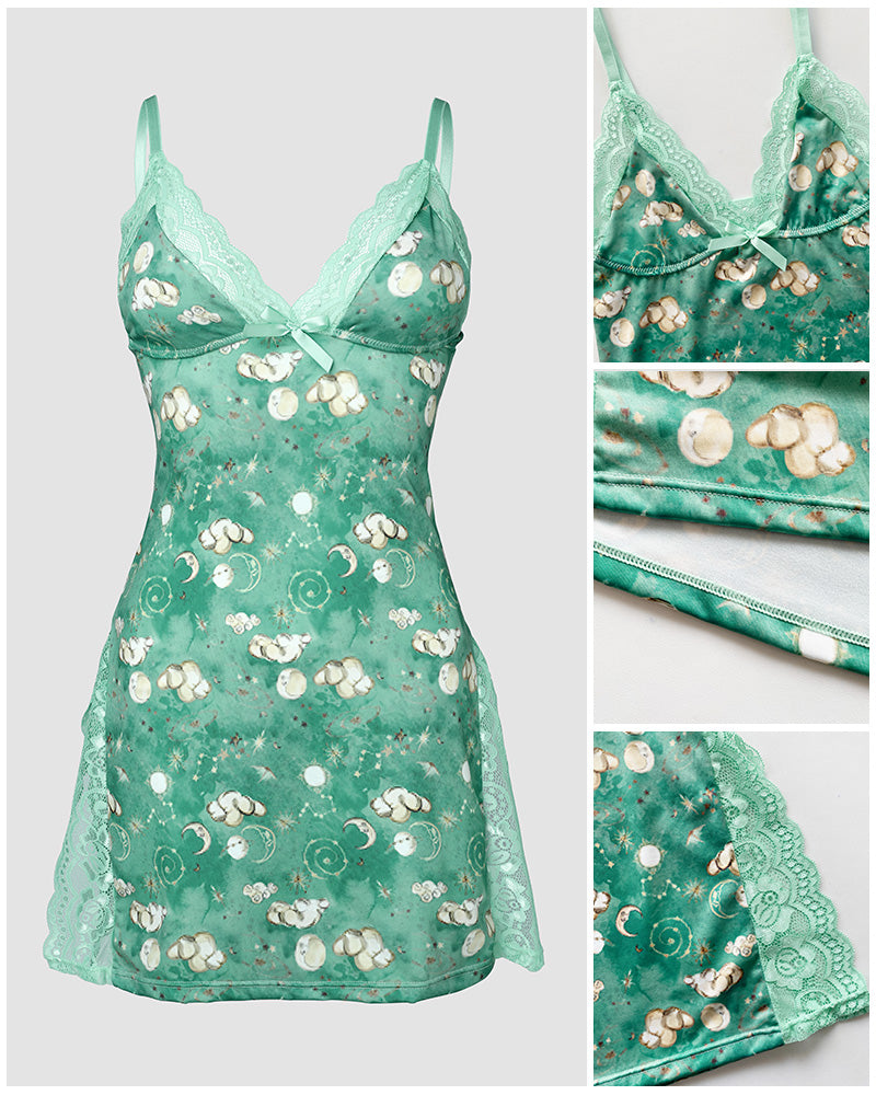 Graphic Print Deep V-Neck Adjustable Spaghetti Straps Lace Spliced Night Dress Sexy Bowknot Decor Backless Side Slit Babydolls