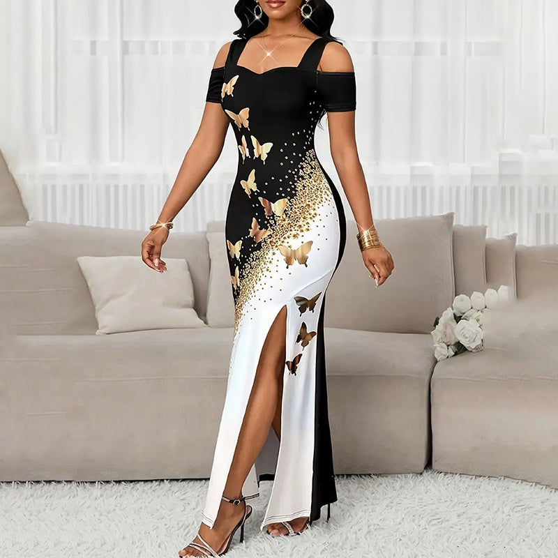 Women's Color-Block Butterfly Print Maxi Dress, Off-Shoulder Bodycon Gown With High Slit For Spring And Summer Parties
