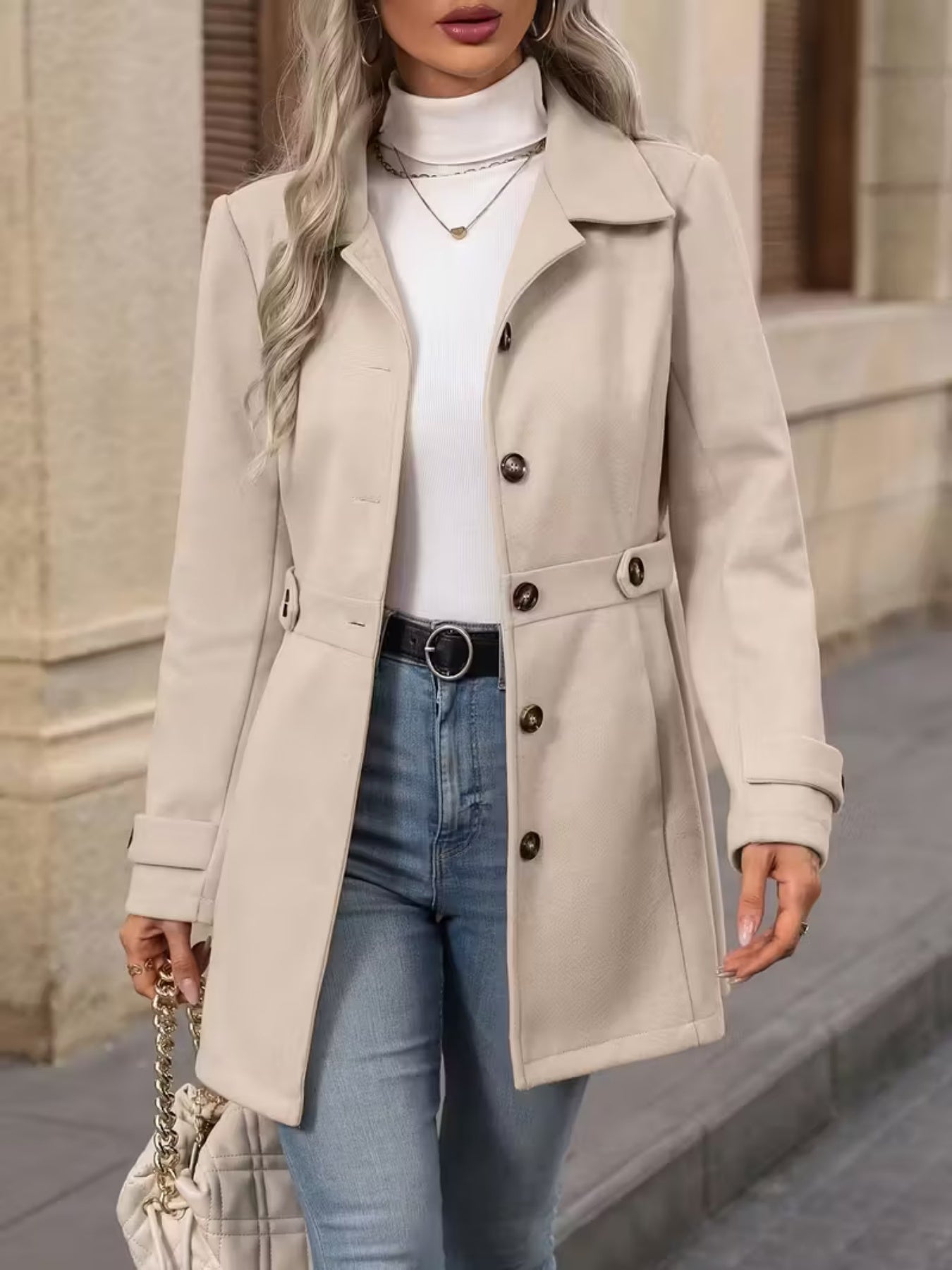 New Style Women's Autumn And Winter Medium-length Elegant Woolen Coat, Lapel Button Elegant Slim-fitting Woolen Coat