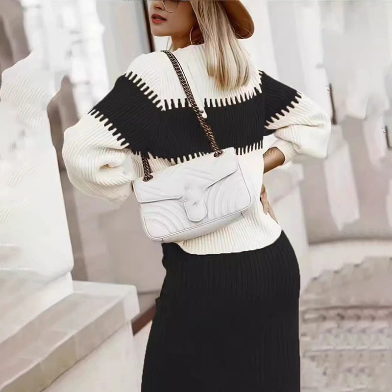 Women's 2-Piece Sweater Set Color-Block Long Sleeve Knit Top & Pocket Skirt For Winter Formal Occasions